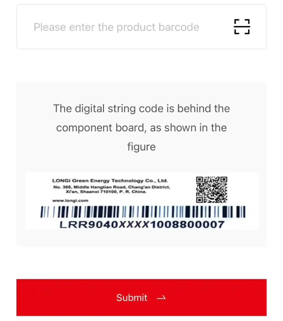  to check authenticity of solar panel – enter the barcode on the manufacturer’s official website for verification"